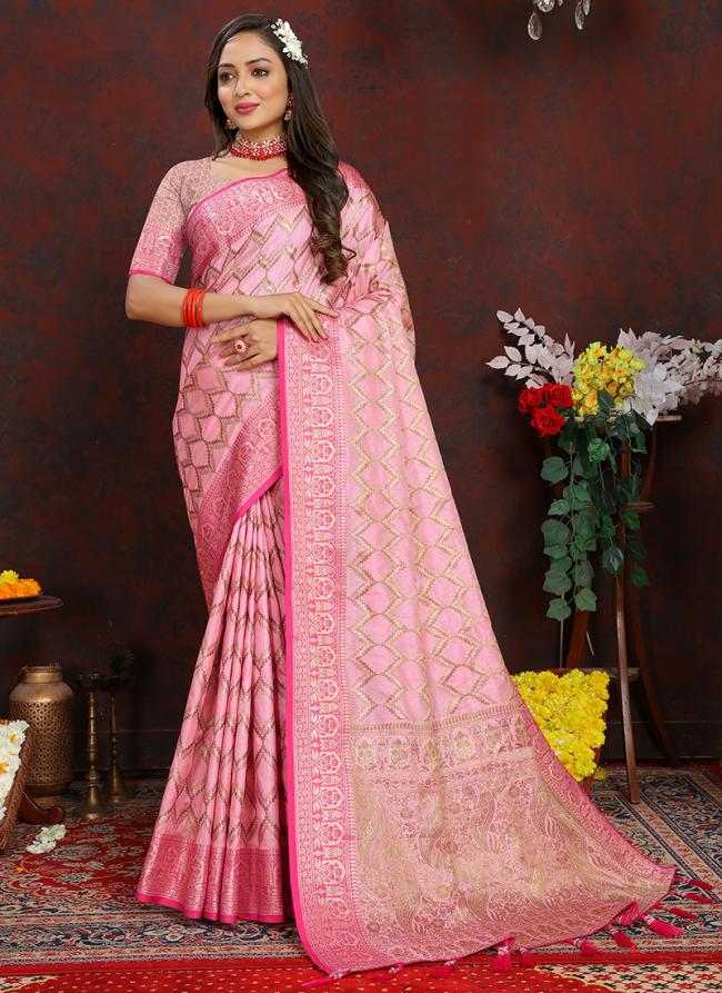 Katan Silk Pink Daily Wear Weaving Saree